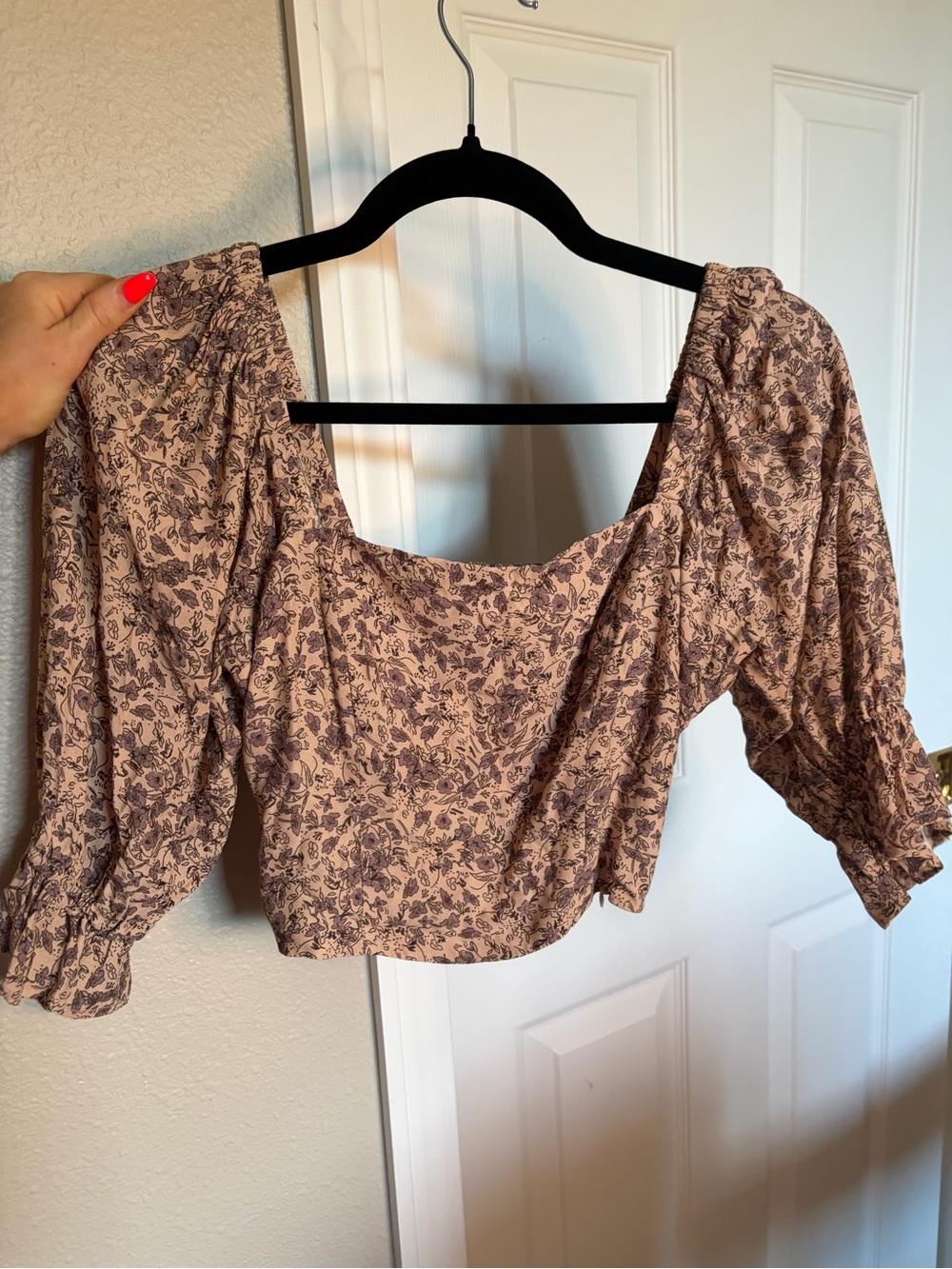 Whimsy + Row Dusty Pink Floral Square-Neck Puff Sleeve Crop Top